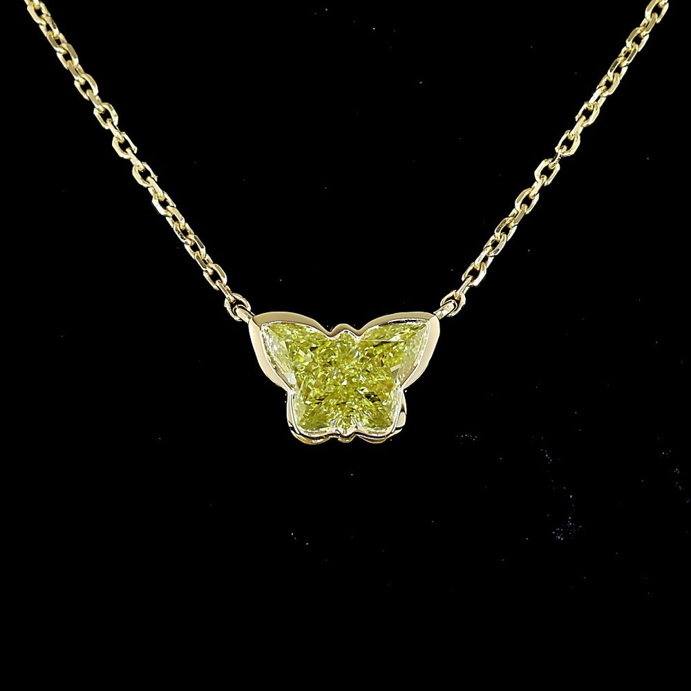 14K Yellow Gold Butterfly Pendant with 1.18 Carat Fancy Intense Yellow Lab Diamond in Bezel Setting - IGI Certified - Covaloro Fine Jewelry