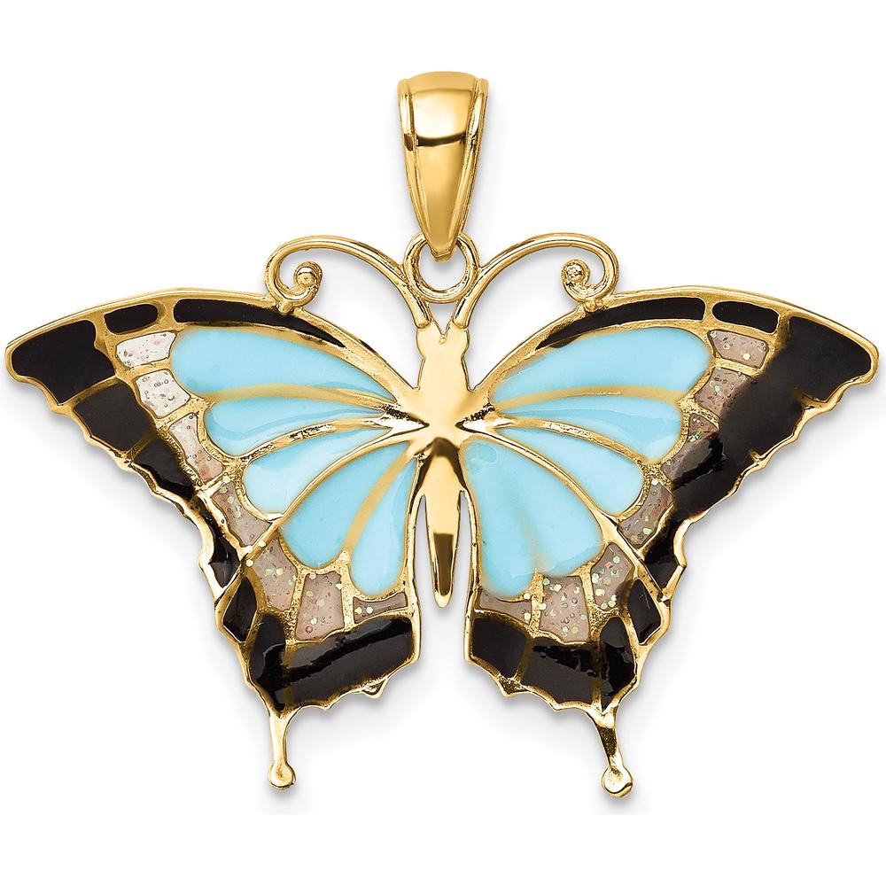 14K Yellow Gold Butterfly Pendant with Blue Enamel and Acrylic Accents by Oro Pregiato