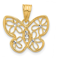 14K Yellow Gold Butterfly Pendant with Diamond-Cut Flower Motif and Rhodium Accents by Oro Pregiato