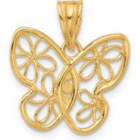 14K Yellow Gold Butterfly Pendant with Diamond-Cut Flower Motif and Rhodium Accents by Oro Pregiato