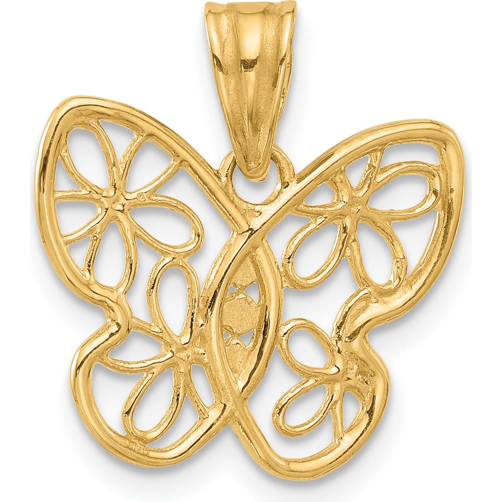 14K Yellow Gold Butterfly Pendant with Diamond-Cut Flower Motif and Rhodium Accents by Oro Pregiato