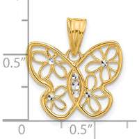 14K Yellow Gold Butterfly Pendant with Diamond-Cut Flower Motif and Rhodium Accents by Oro Pregiato