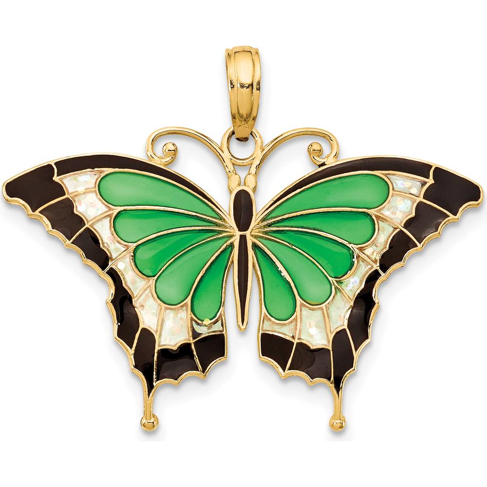 14K Yellow Gold Butterfly Pendant with Green Enamel Accents by Oro Pregiato