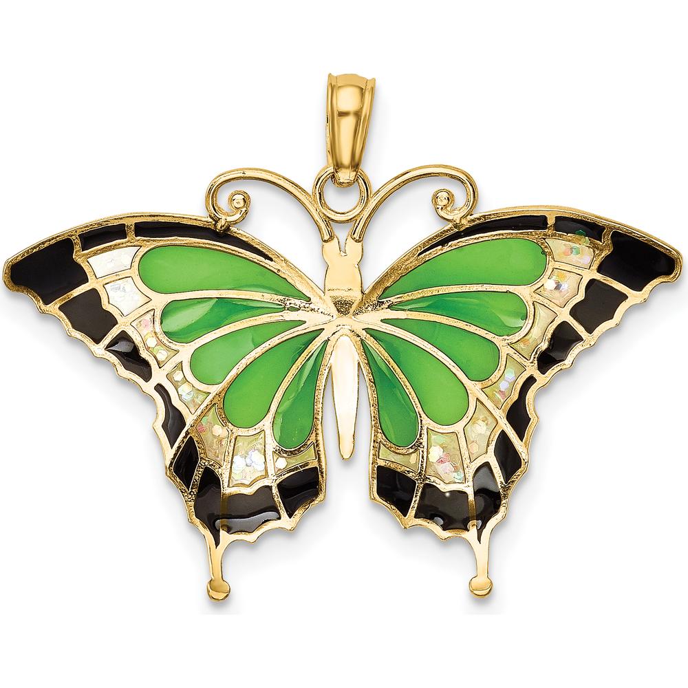 14K Yellow Gold Butterfly Pendant with Green Enamel Accents by Oro Pregiato