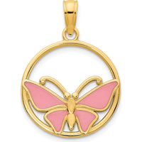 14K Yellow Gold Butterfly Pendant with Pink Epoxy Accents - 17.5mm by Oro Pregiato