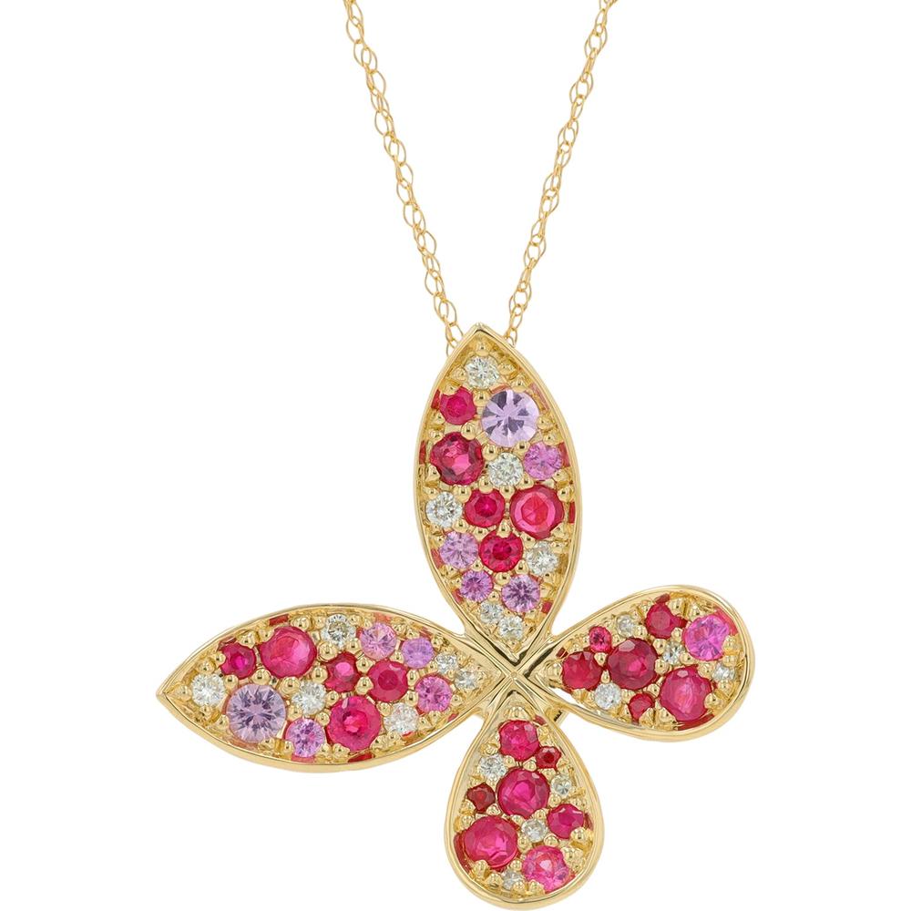 14K Yellow Gold Butterfly Pendant with Pink Sapphires & Rubies - 1.10 Carat Total Color Weight with 0.17 Carat Diamond Accents