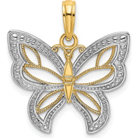 14K Yellow Gold Butterfly Pendant with Rhodium Beaded Wings - 22.8mm Length by Oro Pregiato