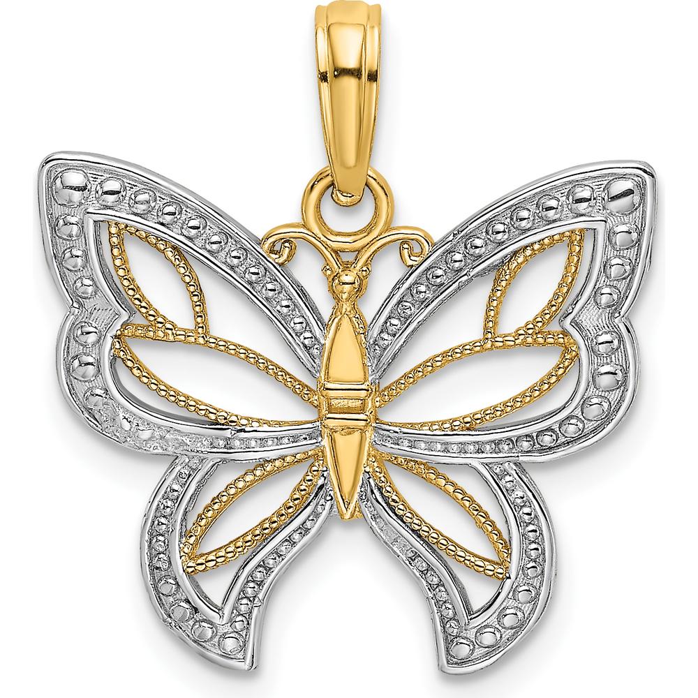 14K Yellow Gold Butterfly Pendant with Rhodium Beaded Wings - 22.8mm Length by Oro Pregiato