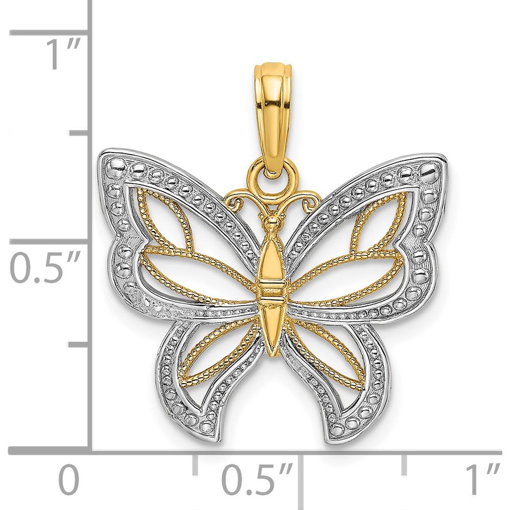14K Yellow Gold Butterfly Pendant with Rhodium Beaded Wings - 22.8mm Length by Oro Pregiato