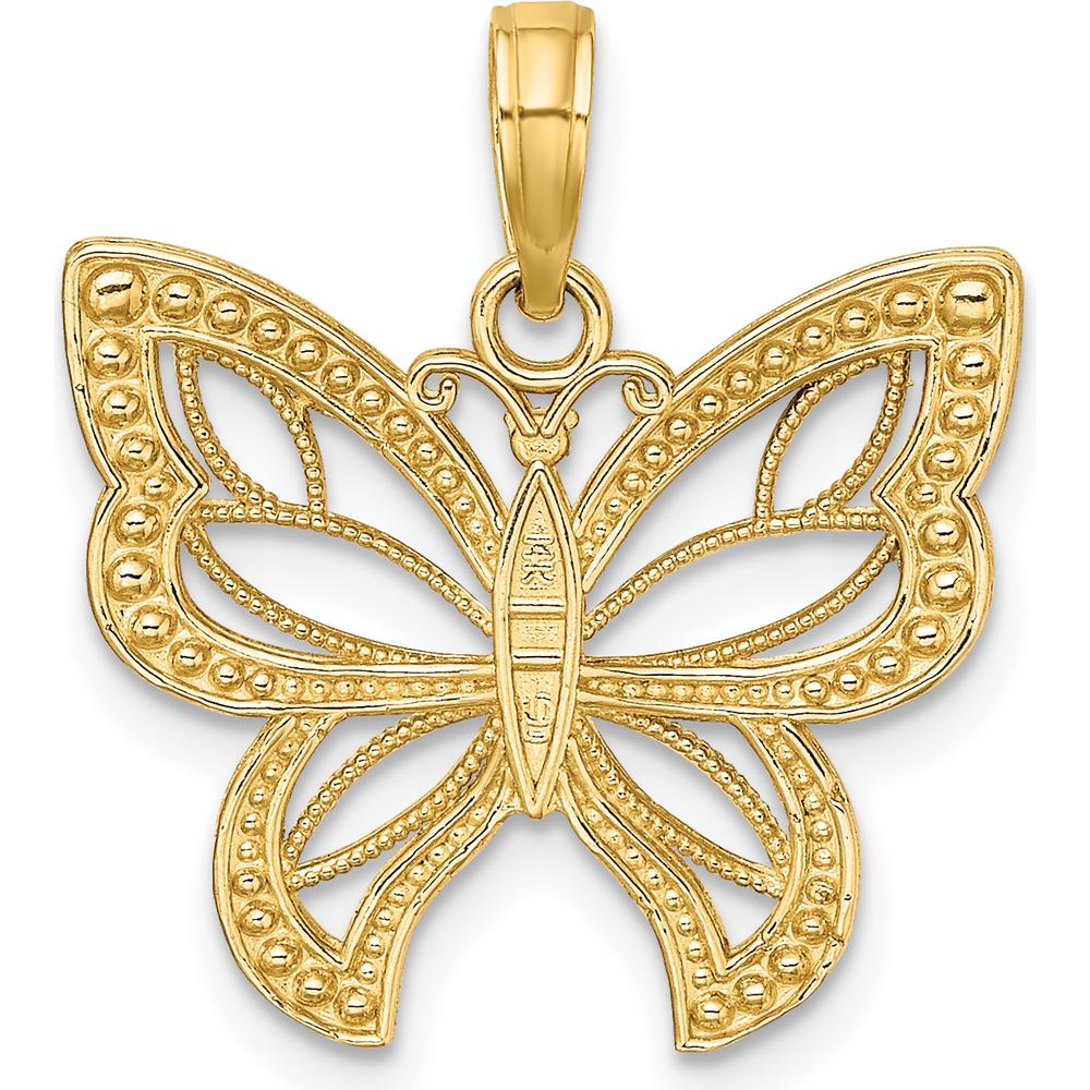 14K Yellow Gold Butterfly Pendant with Rhodium Beaded Wings - 22.8mm Length by Oro Pregiato
