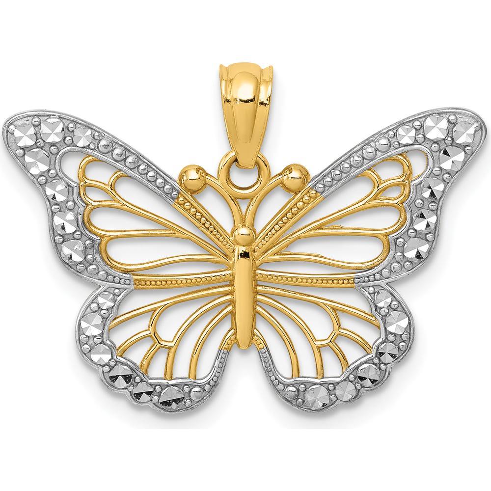 14K Yellow Gold Butterfly Pendant with Rhodium Diamond-Cut Detail by Oro Pregiato