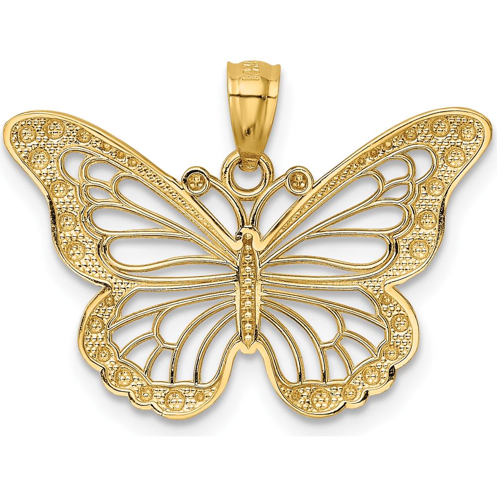 14K Yellow Gold Butterfly Pendant with Rhodium Diamond-Cut Detail by Oro Pregiato