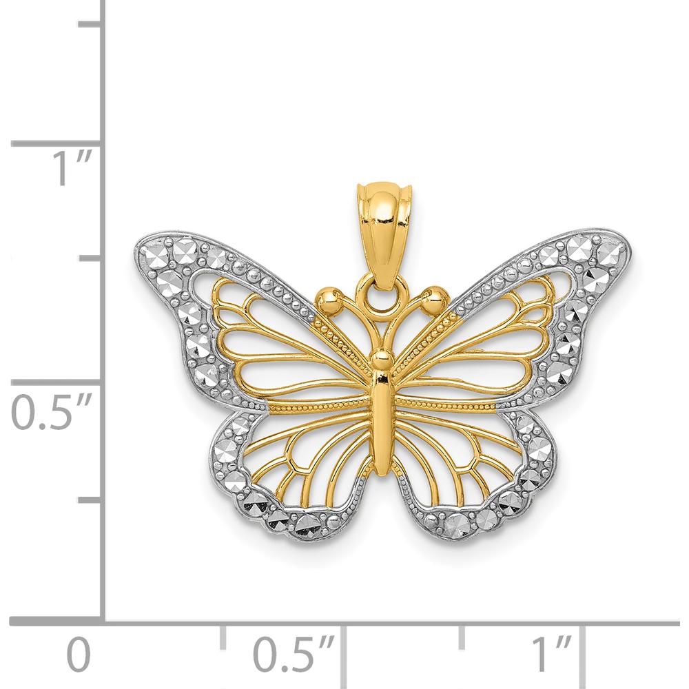 14K Yellow Gold Butterfly Pendant with Rhodium Diamond-Cut Detail by Oro Pregiato