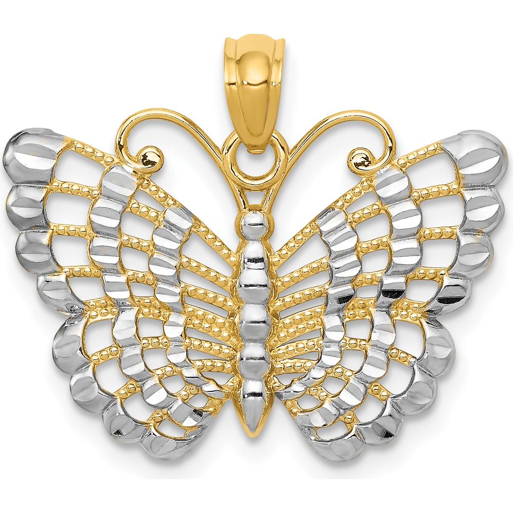14K Yellow Gold Butterfly Pendant with Rhodium Diamond-cut Finish by Oro Pregiato