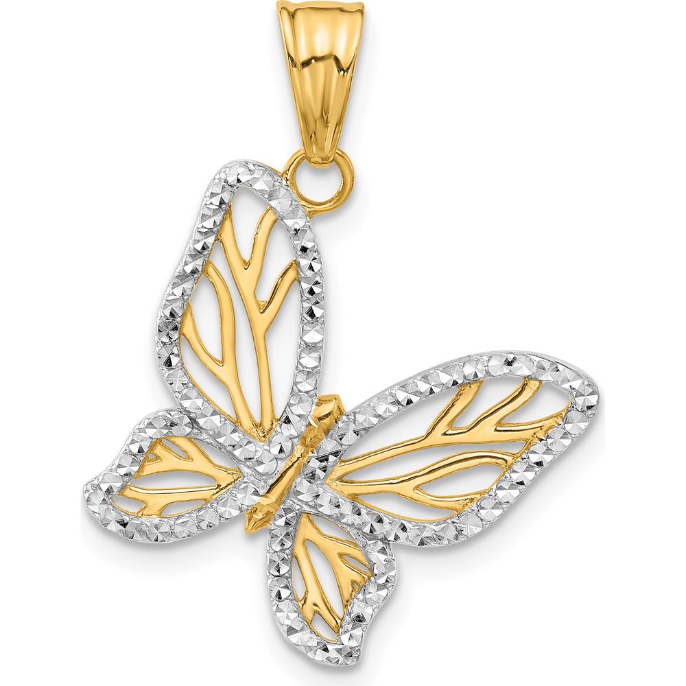 14K Yellow Gold Butterfly Pendant with White Rhodium Diamond-Cut Texture by Oro Pregiato