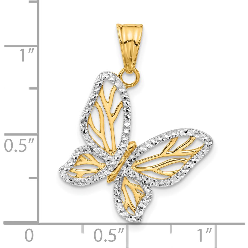 14K Yellow Gold Butterfly Pendant with White Rhodium Diamond-Cut Texture by Oro Pregiato