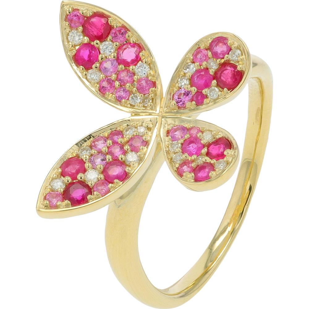 14K Yellow Gold Butterfly Ring with Pink Sapphires and Rubies - 0.52 - 0.70 Carat Total Gemstone Weight with 0.10 Carat Diamond Accents