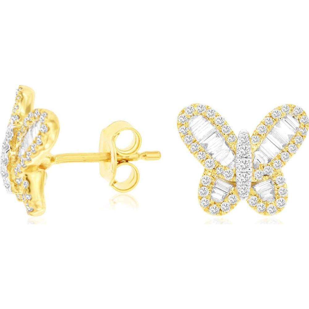 14K Yellow Gold Butterfly Stud Earrings with Baguette and Round Diamonds – 0.60 Carat Total Diamond Weight - Royal Jewelry
