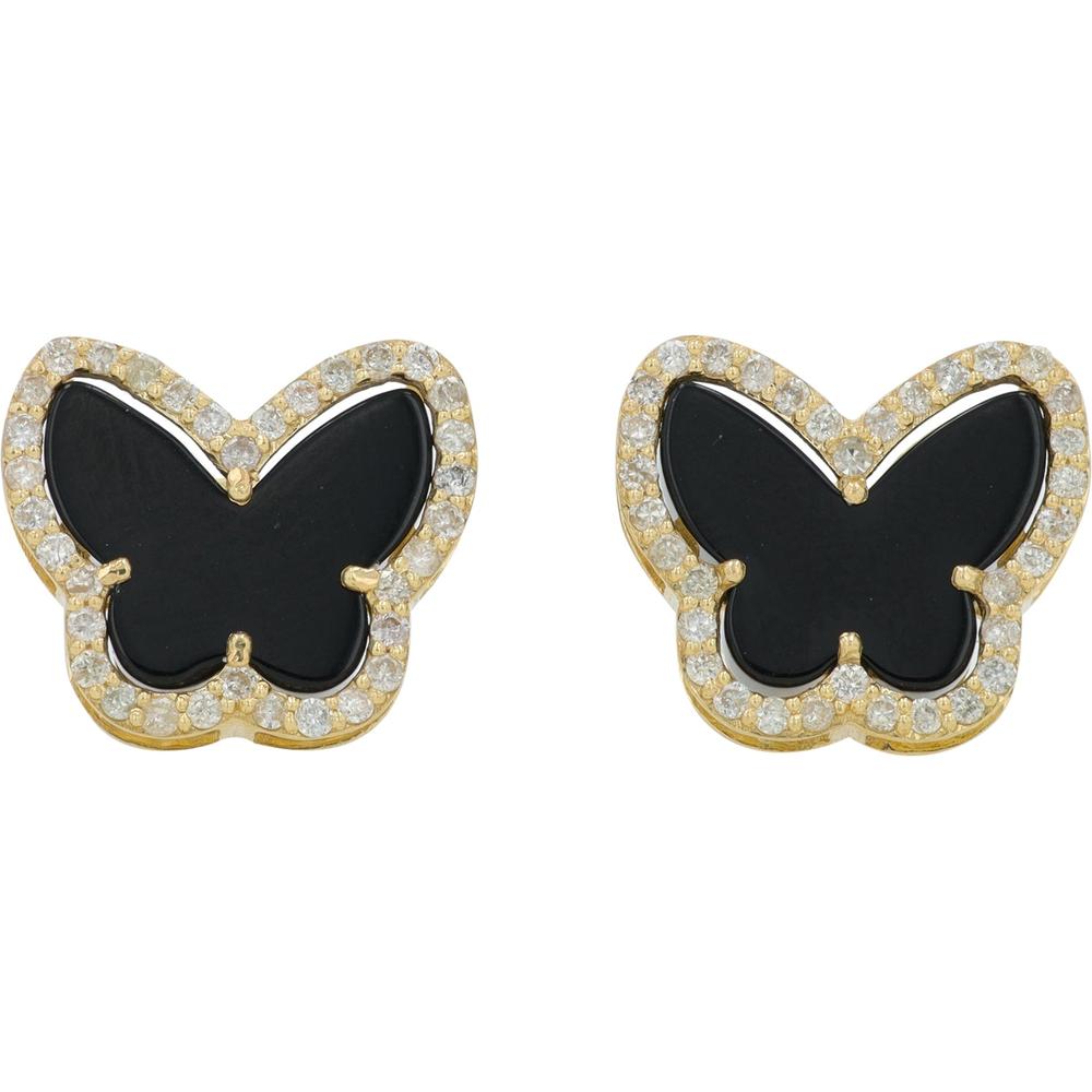 14K Yellow Gold Butterfly Stud Earrings with Black Onyx and Diamonds - 0.37 Carat Total Diamond Weight