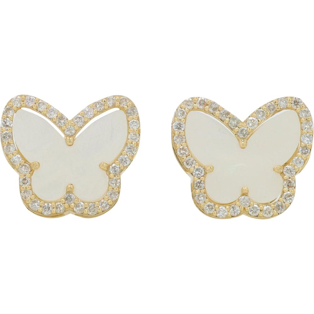 14K Yellow Gold Butterfly Stud Earrings with Diamond Halo and Mother of Pearl - 0.37 Carat Total Diamond Weight