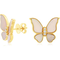 14K Yellow Gold Butterfly Stud Earrings with Mother of Pearl Inlay and 0.06 Carat Total Weight Round Diamonds - Royal Jewelry