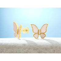 14K Yellow Gold Butterfly Stud Earrings with Mother of Pearl Inlay and 0.06 Carat Total Weight Round Diamonds - Royal Jewelry