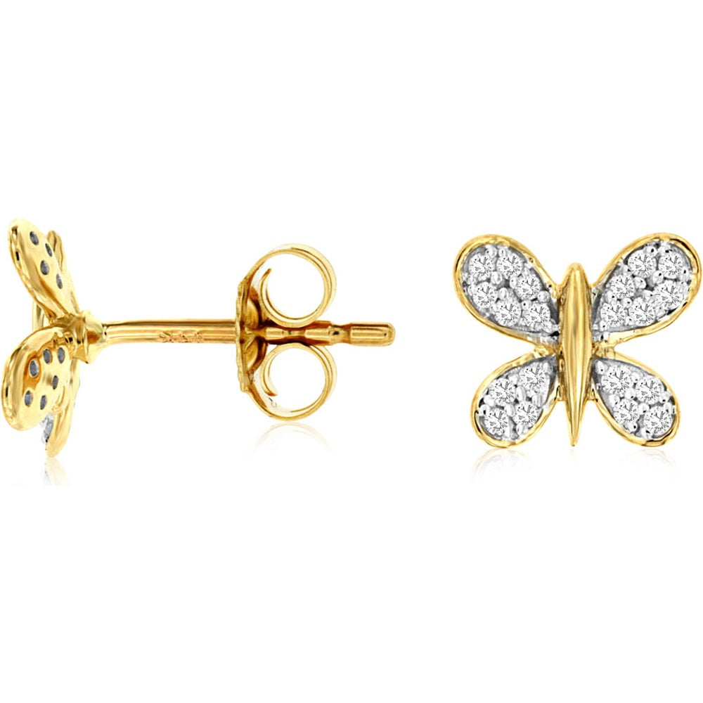 14K Yellow Gold Butterfly Stud Earrings with Pavé Set Round Diamonds - 0.16 Carat Total Diamond Weight - Royal Jewelry
