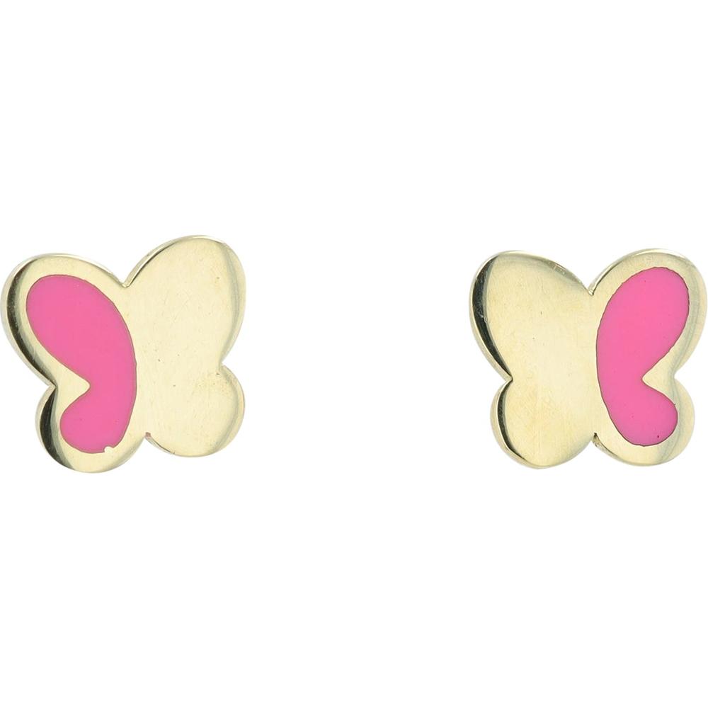 14K Yellow Gold Butterfly Stud Earrings with Pink Enamel Inlay