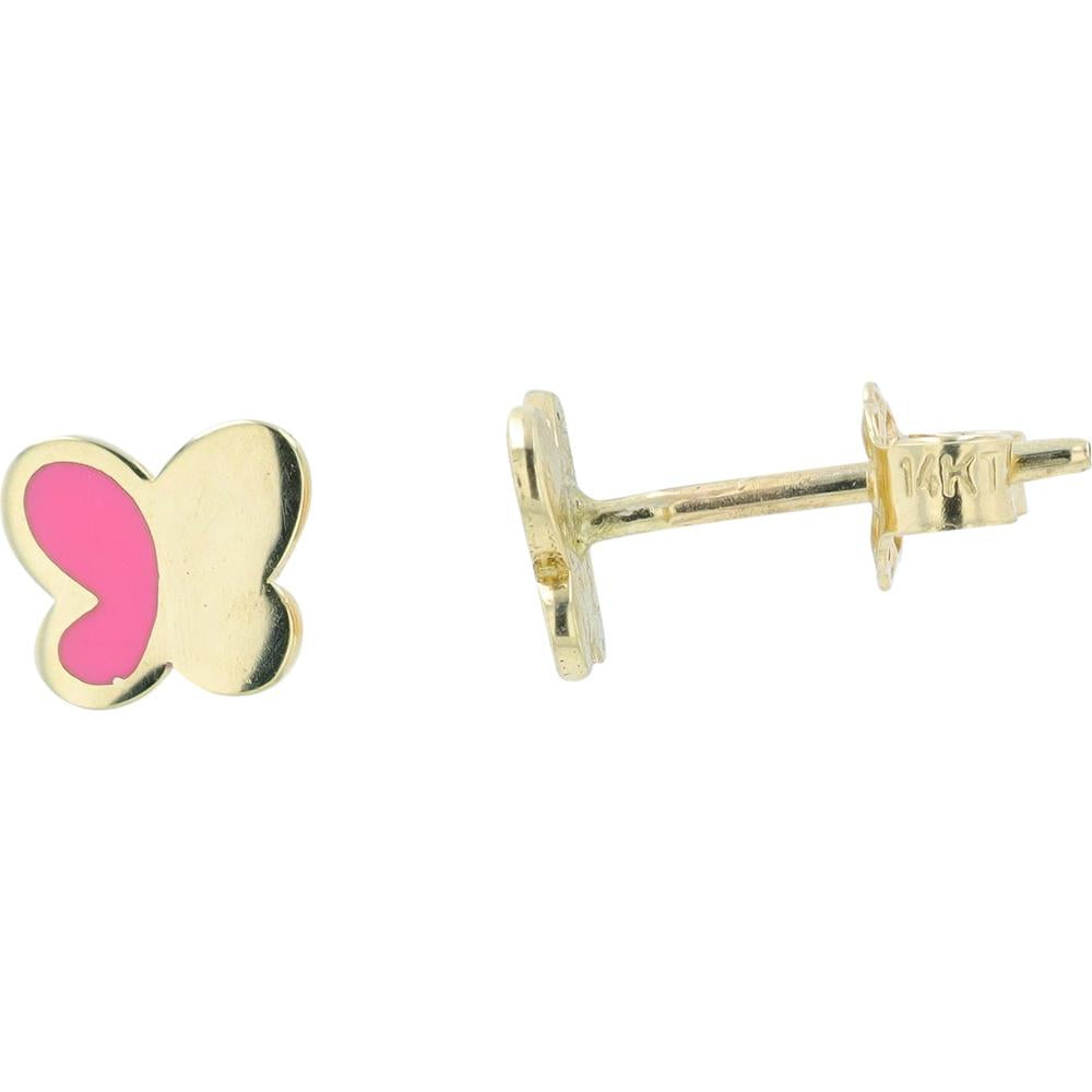 14K Yellow Gold Butterfly Stud Earrings with Pink Enamel Inlay