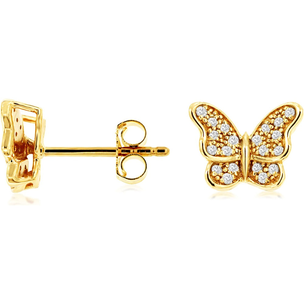 14K Yellow Gold Butterfly Stud Earrings with Prong Set Round Diamonds - 0.16 Carat Total Diamond Weight - Royal Jewelry