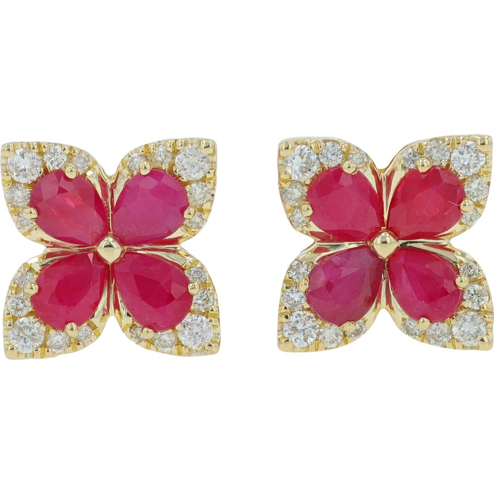 14K Yellow Gold Butterfly Stud Earrings with Ruby and Diamond Halo - 1.50 Carat Total Ruby Weight and 0.25 Carat Total Diamond Weight