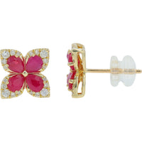 14K Yellow Gold Butterfly Stud Earrings with Ruby and Diamond Halo - 1.50 Carat Total Ruby Weight and 0.25 Carat Total Diamond Weight