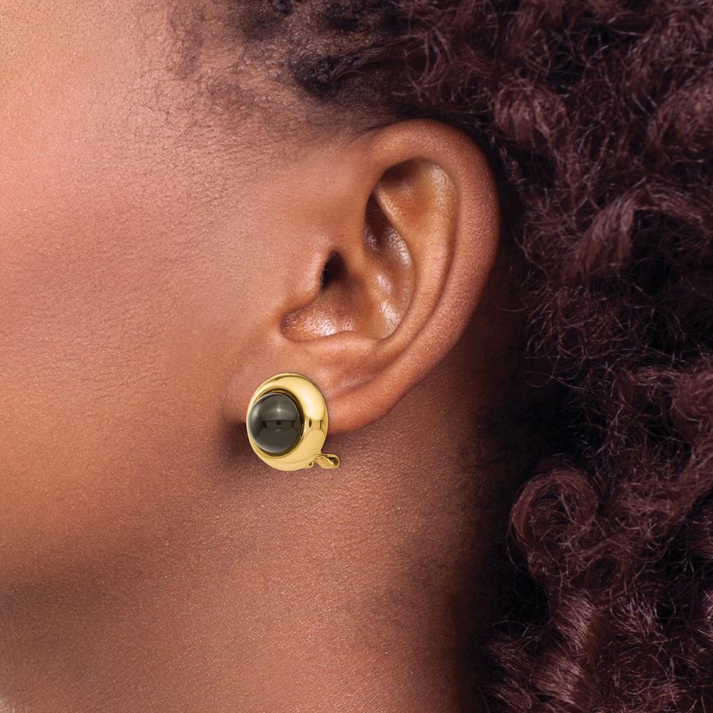 14K Yellow Gold Button Clip-On Earrings with Polished Onyx Stones - 1.0 Carat Total Onyx Weight by Oro Pregiato