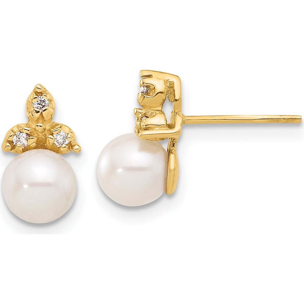 14K Yellow Gold Button Earrings with 5-6mm Freshwater Cultured Pearls and 0.06 Carat Round Diamonds by Monteluci Fine Jewelry