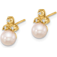 14K Yellow Gold Button Earrings with 5-6mm Freshwater Cultured Pearls and 0.06 Carat Round Diamonds by Monteluci Fine Jewelry