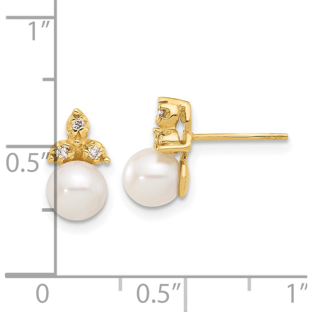 14K Yellow Gold Button Earrings with 5-6mm Freshwater Cultured Pearls and 0.06 Carat Round Diamonds by Monteluci Fine Jewelry