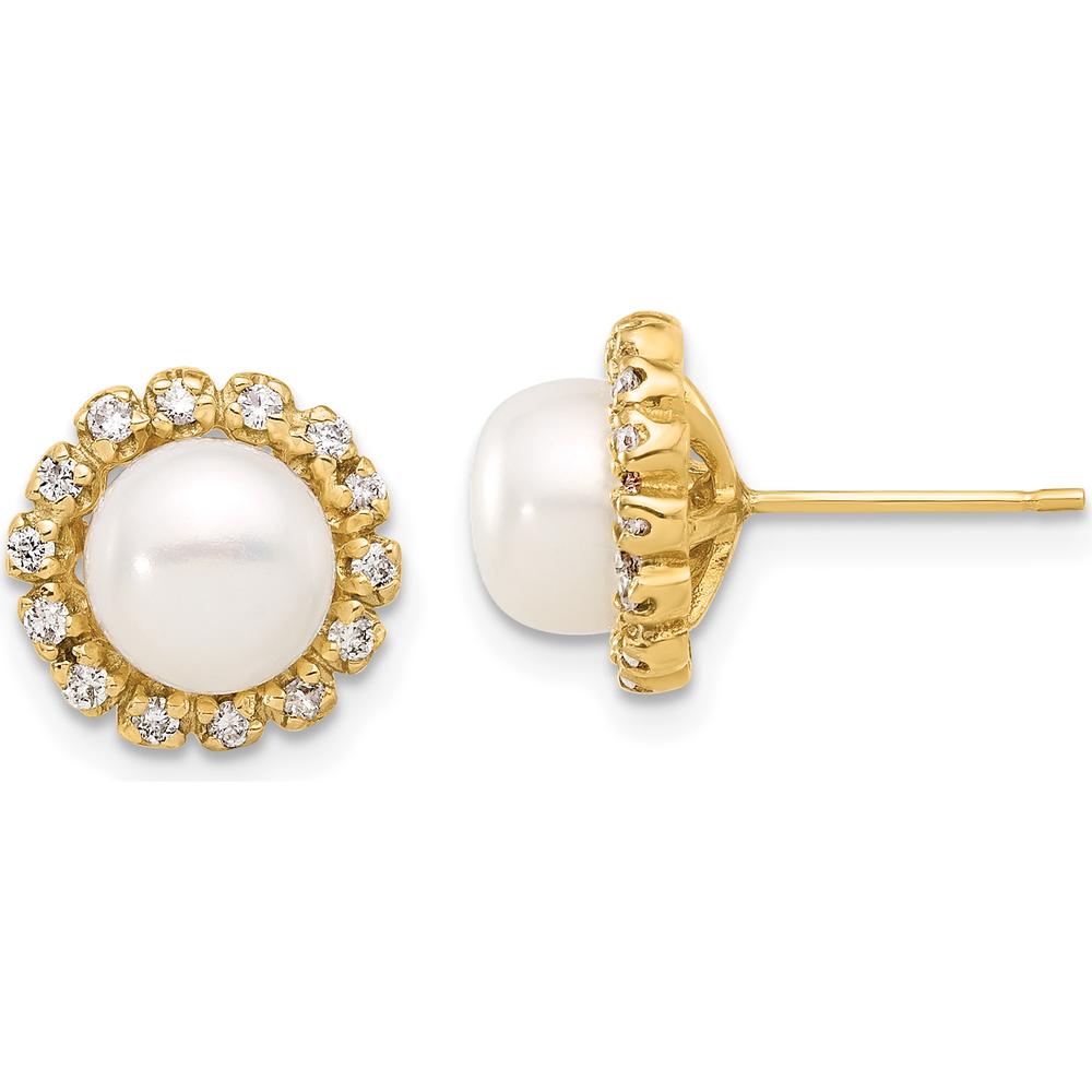 14K Yellow Gold Button Earrings with Freshwater Cultured Pearls and 0.28 Carat Round Diamond Halo by Monteluci Fine Jewelry