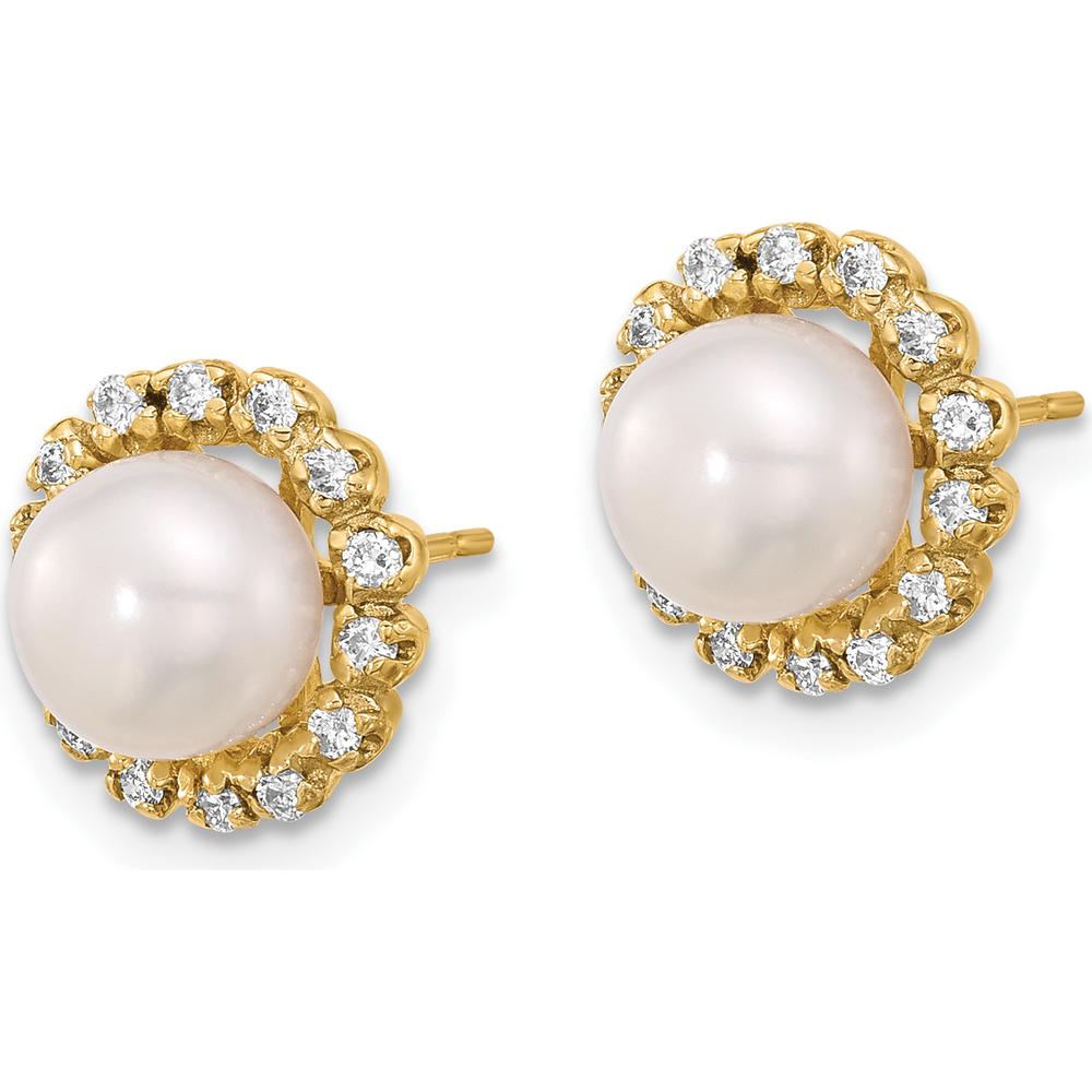 14K Yellow Gold Button Earrings with Freshwater Cultured Pearls and 0.28 Carat Round Diamond Halo by Monteluci Fine Jewelry