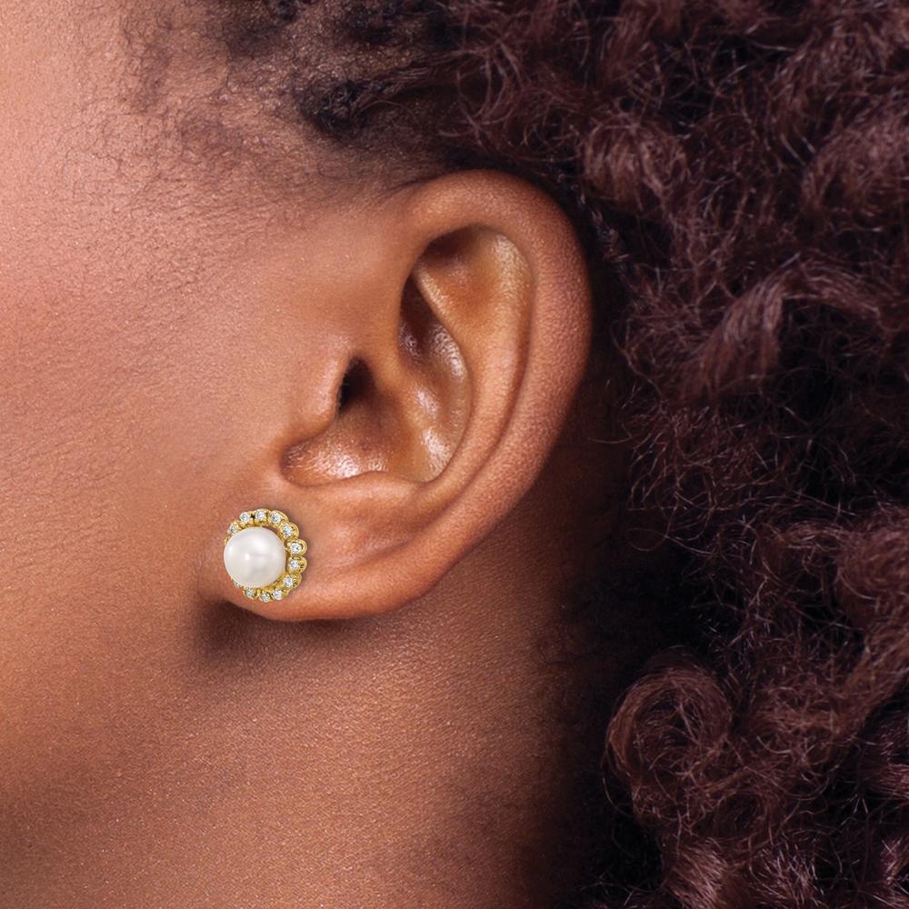 14K Yellow Gold Button Earrings with Freshwater Cultured Pearls and 0.28 Carat Round Diamond Halo by Monteluci Fine Jewelry