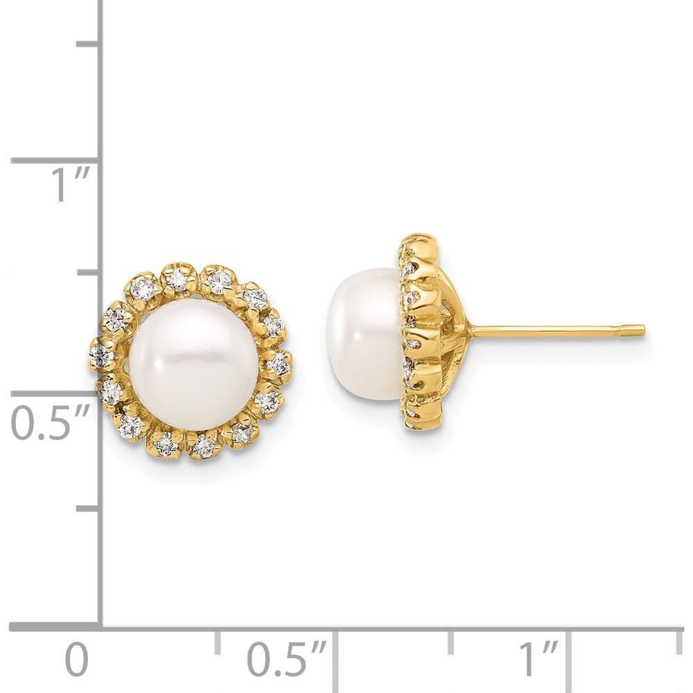 14K Yellow Gold Button Earrings with Freshwater Cultured Pearls and 0.28 Carat Round Diamond Halo by Monteluci Fine Jewelry