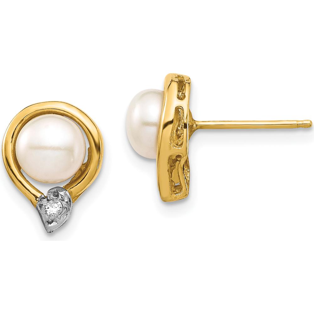 14K Yellow Gold Button Freshwater Cultured Pearl and Diamond Post Earrings - 0.02 Carat Total Diamond Weight by Monteluci Fine Jewelry