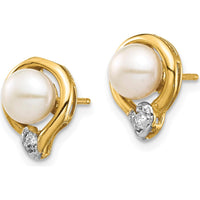 14K Yellow Gold Button Freshwater Cultured Pearl and Diamond Post Earrings - 0.02 Carat Total Diamond Weight by Monteluci Fine Jewelry