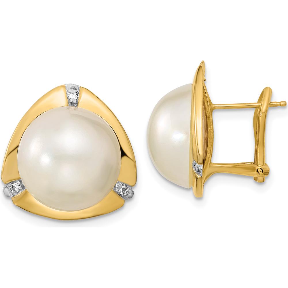 14K Yellow Gold Button Mabe Pearl Earrings with Round Diamonds - 0.06 Carat Total Diamond Weight by Monteluci Fine Jewelry