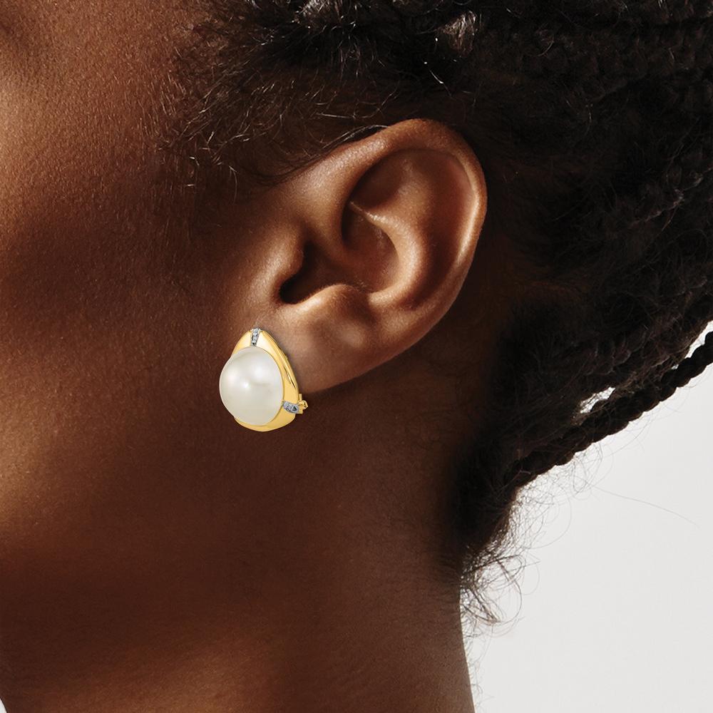 14K Yellow Gold Button Mabe Pearl Earrings with Round Diamonds - 0.06 Carat Total Diamond Weight by Monteluci Fine Jewelry