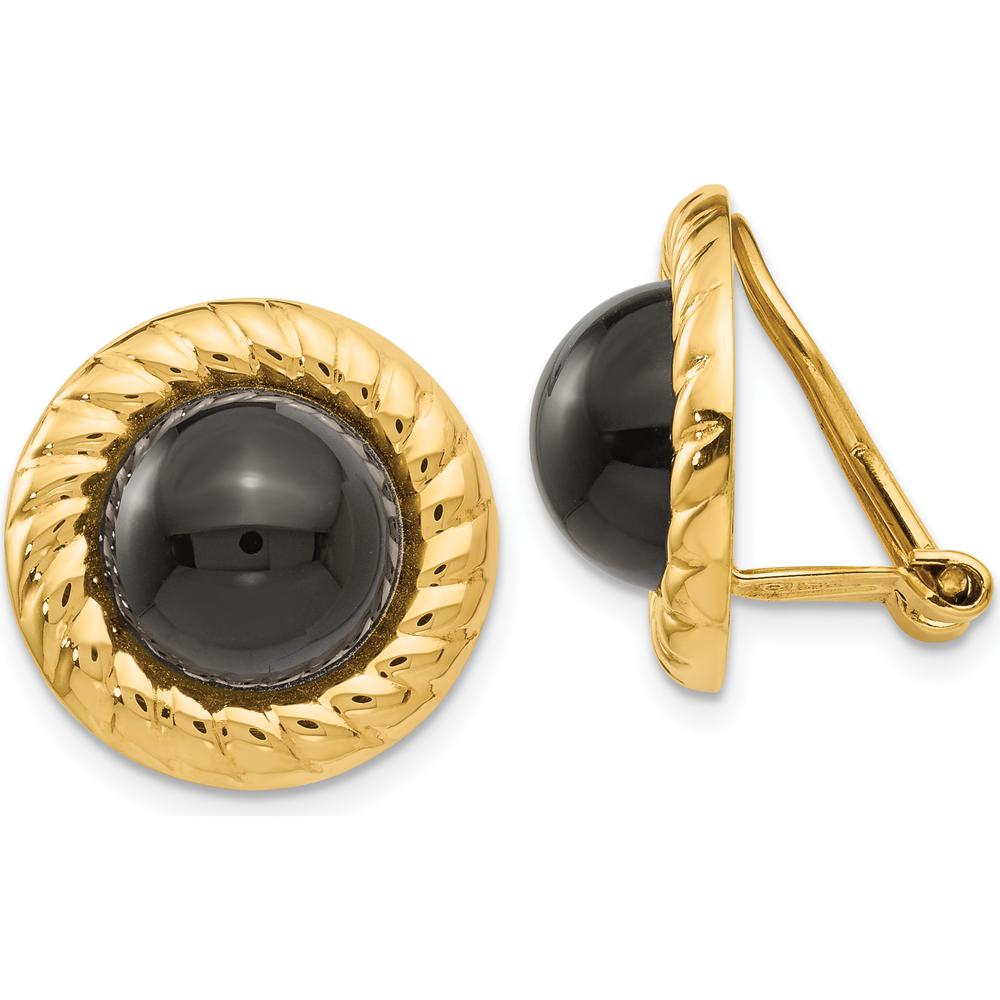 14K Yellow Gold Button Onyx Earrings with Polished Finish - Timeless Non-Pierced Design by Oro Pregiato