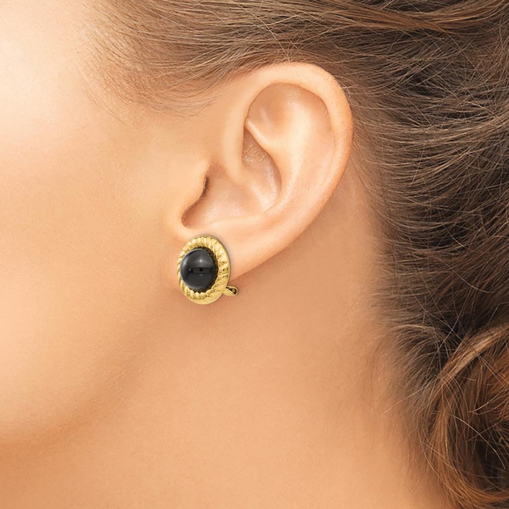 14K Yellow Gold Button Onyx Earrings with Polished Finish - Timeless Non-Pierced Design by Oro Pregiato