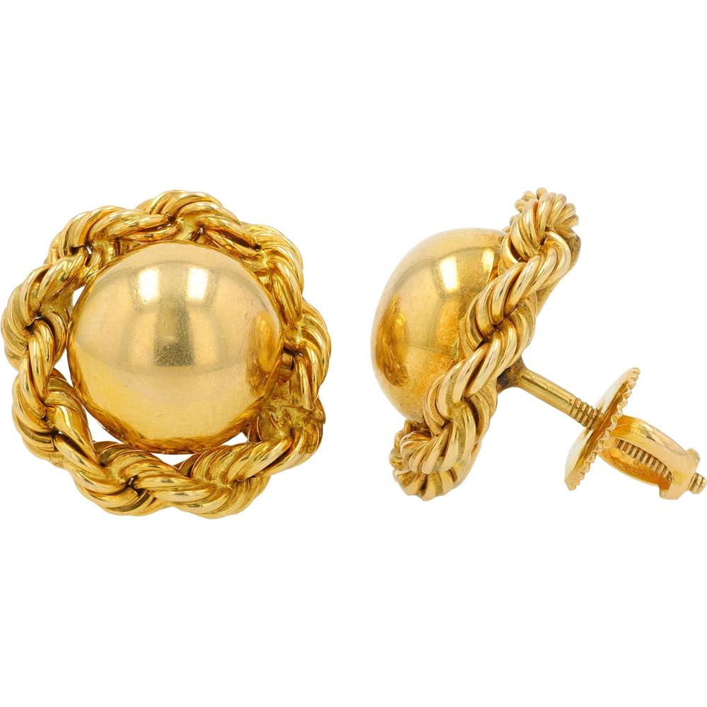 14K Yellow Gold Button Screw Back Earrings with Rope Twist Design - 5.70g Total Weight