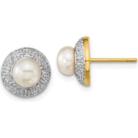 14K Yellow Gold Button Stud Earrings with 5.5-6mm Freshwater Pearls and 0.05 Carat Diamonds by Monteluci Fine Jewelry