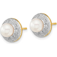 14K Yellow Gold Button Stud Earrings with 5.5-6mm Freshwater Pearls and 0.05 Carat Diamonds by Monteluci Fine Jewelry