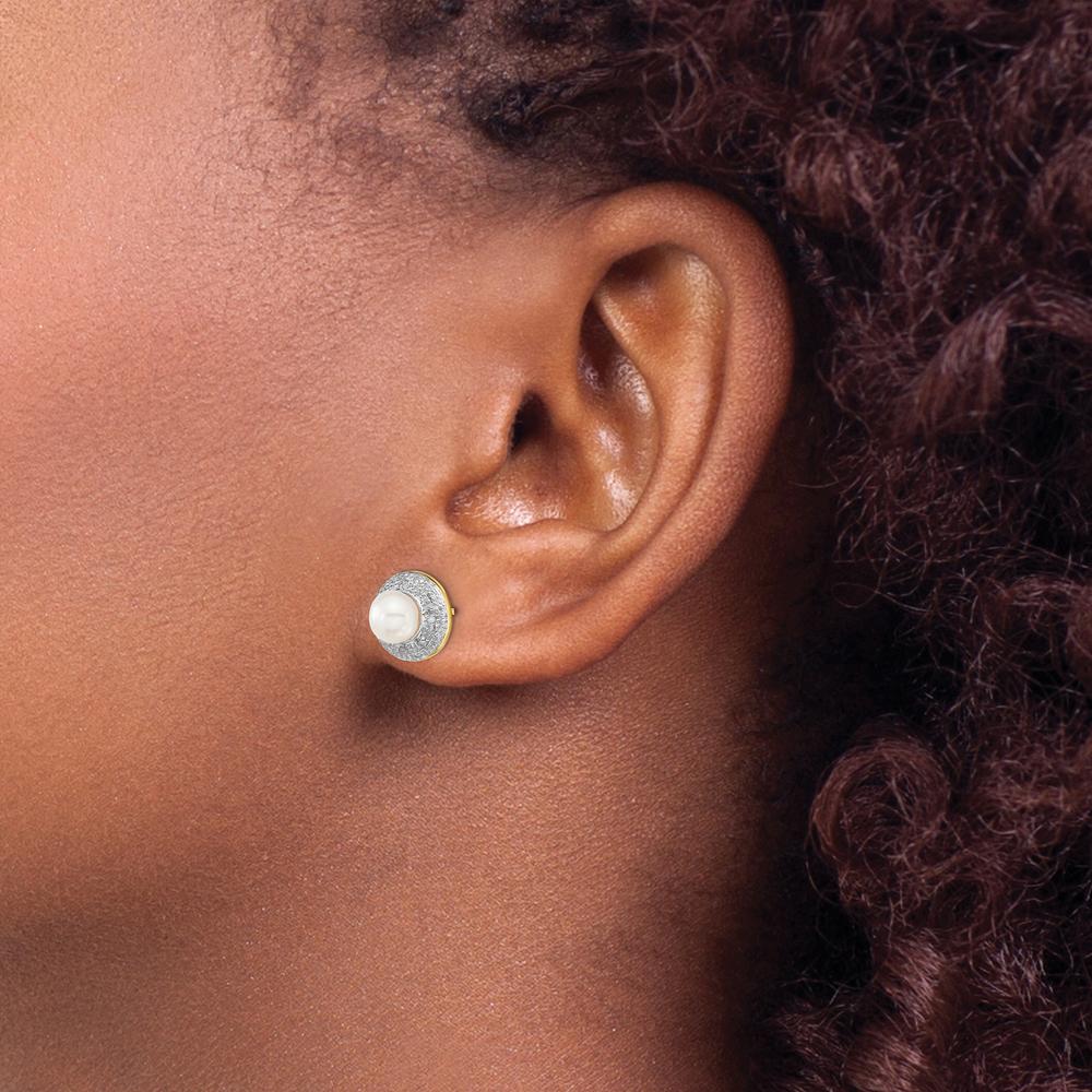 14K Yellow Gold Button Stud Earrings with 5.5-6mm Freshwater Pearls and 0.05 Carat Diamonds by Monteluci Fine Jewelry